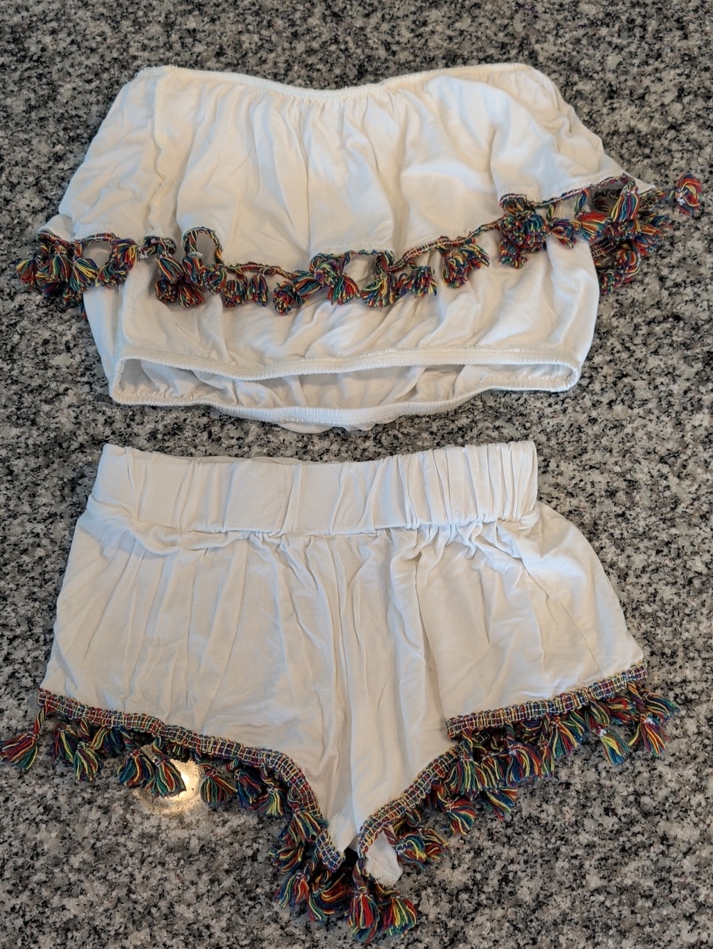 Stella Cove White Crop Top & Shorts Set with Multicolor Tassel Trim